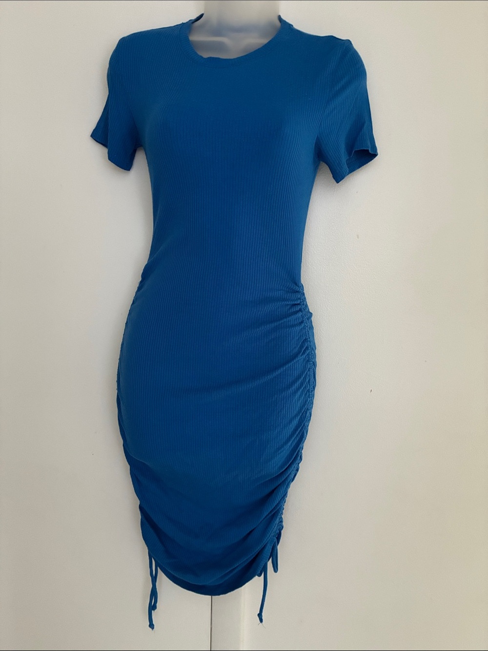 Blue Short-Sleeve Ruched Side-Tie Mini Dress